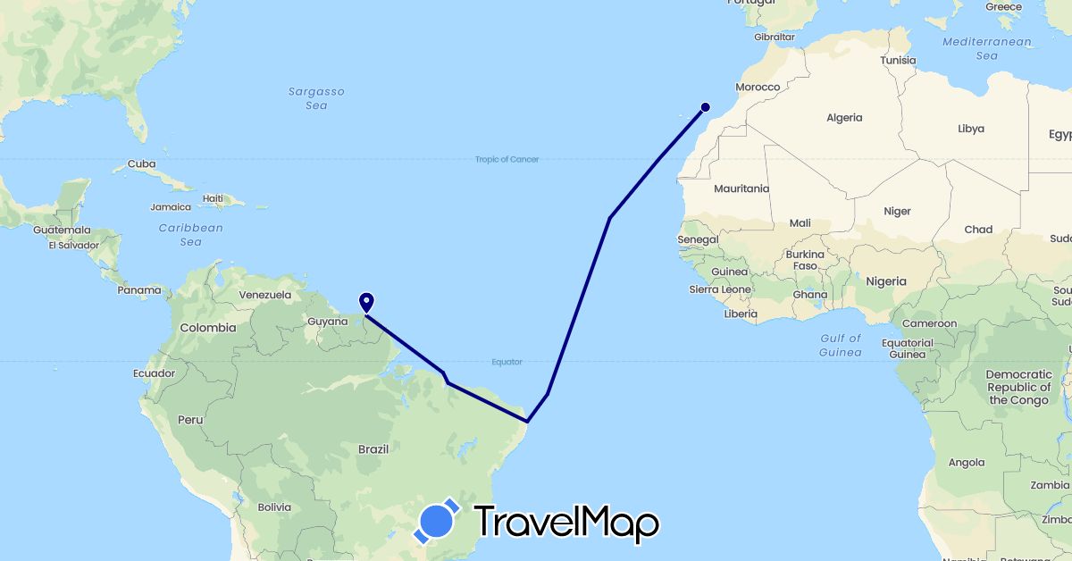 TravelMap itinerary: driving in Brazil, Cape Verde, Spain, French Guiana (Africa, Europe, South America)